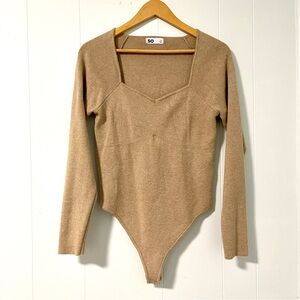 SO Juniors XL Ribbed Knit Square Neck Long Sleeve Bodysuit Tan
